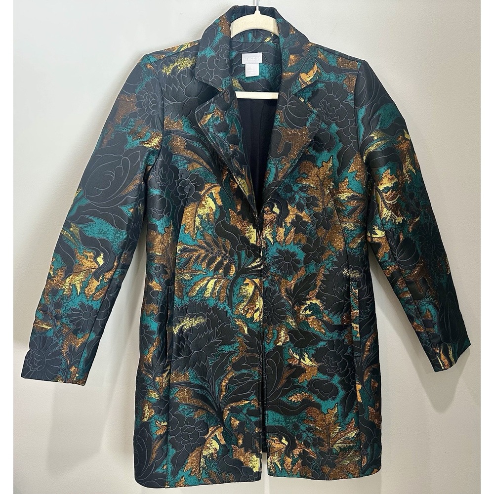 Chico's Metallic Jacquard Floral Blazer Jacket‎ Teal Gold Small Open Front Artsy